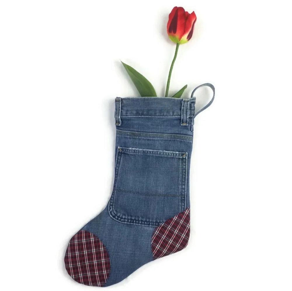 Hand Made Upcycled Denim Christmas Stocking Plaid Toe Heel 17” Rustic Lined